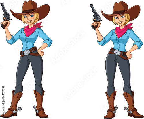 Female cowgirl cartoon character illustration, western cowboy woman with revolver, sheriff outfit, wild west vector isolated