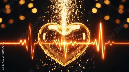 Heart Shaped Sparkling Water Fountain with Heartbeat Line on Black Background