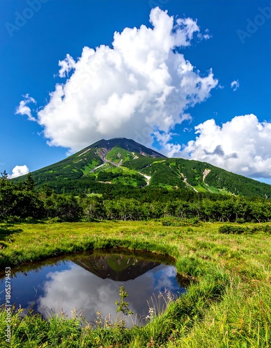 Scenic shot of green mountain reflecting in a small, serene pond