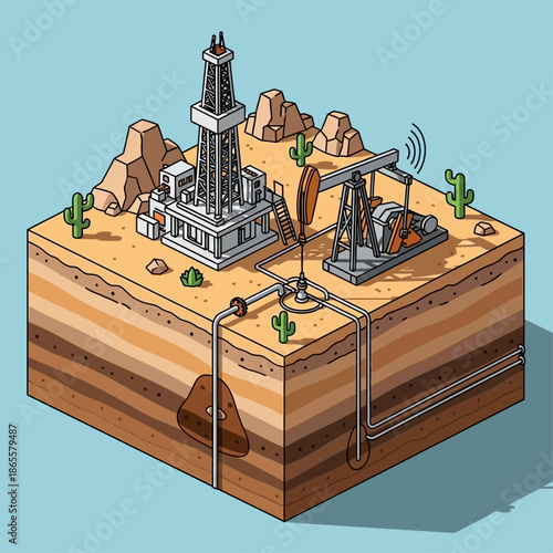 Isometric illustration of an oil drilling site with a rig, pumpjack, and underground oil reservoir in a desert landscape.