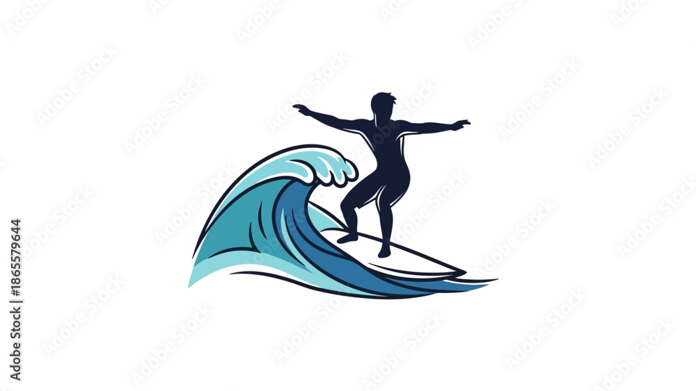 Fototapeta premium Dynamic Surfer Silhouette Riding a Vibrant Blue Ocean Wave Graphic Icon Design for Water Sports and Adventure Themes