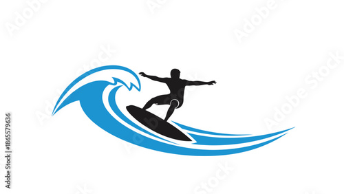 Dynamic illustration of a surfer riding a powerful blue ocean wave, symbolizing exhilarating water sports, adventure, and an active coastal lifestyle