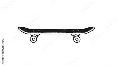 A minimalist black and white illustration of a skateboard with four wheels on a white background, perfect for graphic design projects