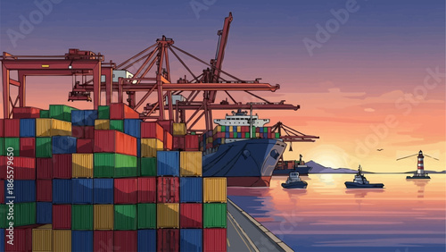 Large cargo ship being loaded with colorful shipping containers at a busy port.