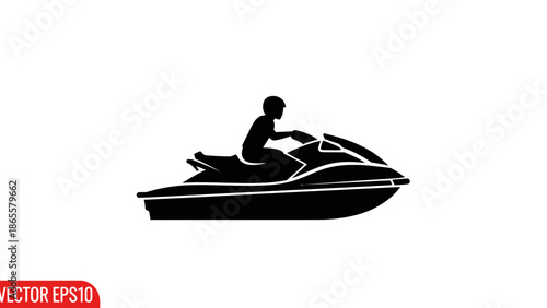 Silhouette of a person riding a jet ski across the water, perfect for summer fun and adventure themes