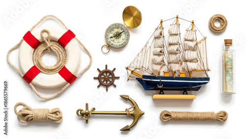 Nautical objects collection including ship, anchor, lifebuoy, and compass.