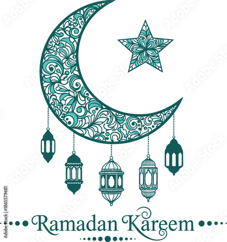 Ramadan Kareem vector with patterned teal crescent moon star hanging lanterns and elegant serif typography on white background.