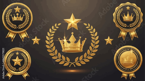 Collection of golden award badges with crowns and stars.