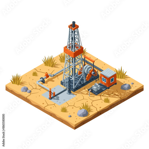 Isometric oil drilling rig with pumpjack and pipes on dry cracked ground.
