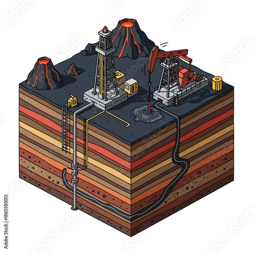 Isometric illustration of energy extraction from Earth's crust with drilling rigs, pumpjack, and volcanoes.