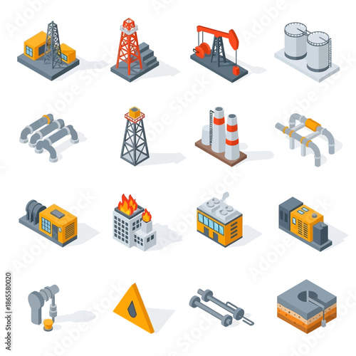 Isometric icons set of oil and gas industry elements, including drilling rigs, pipelines, storage tanks, and refinery buildings on white background.
