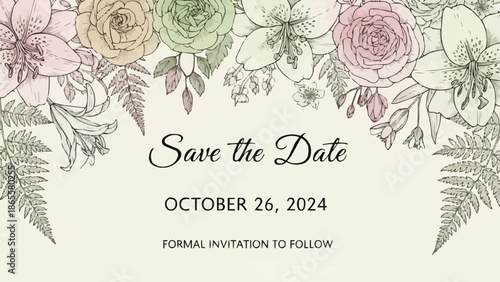 Elegant floral save the date invitation with roses and greenery.