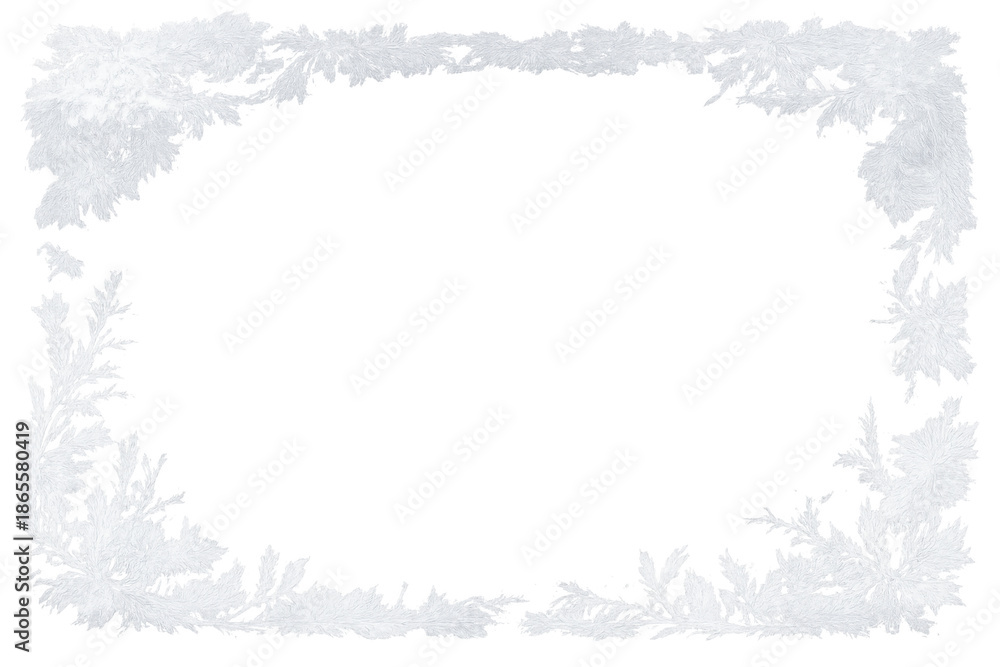 Fototapeta premium White frosty winter border creating a frozen ice frame with crystal patterns on transparent background