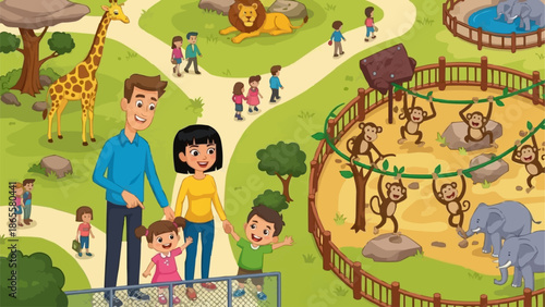 Family enjoying a day at the zoo seeing animals.