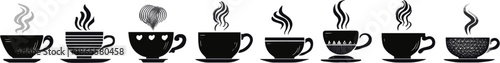 Black minimalist coffee cup icons with steam, arranged in a row for cafe menu and branding.