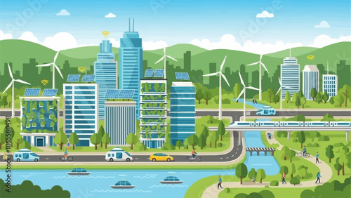 Modern Eco Cityscape with Green Buildings and Wind Turbines.