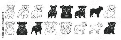 black and white dog icons set of bulldog breed