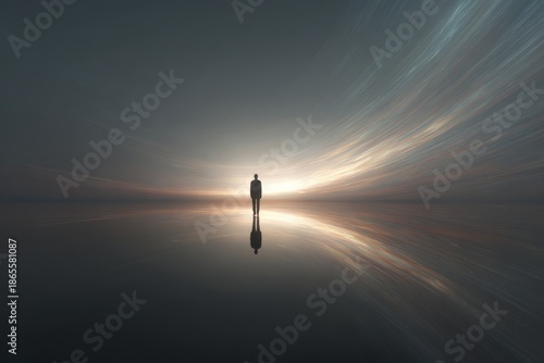 A lone human figure standing before a radiant horizon of light, symbolizing purpose, vision, transformation, and the search for meaning.