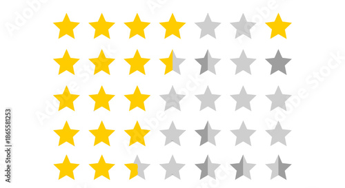 Multiple rows of yellow and gray stars representing different rating levels on a white background.