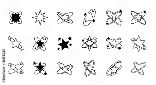 Set of abstract atomic and star icons in black and white line art style.
