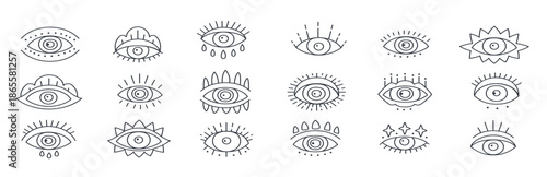 evil magical doodle eye set in a trending minimal linear style