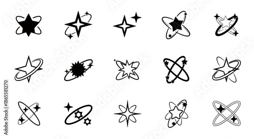 Set of various black and white star and atomic icon illustrations in a simple graphic style.