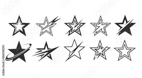 Set of ten unique black and white abstract star icons with various dynamic line designs.