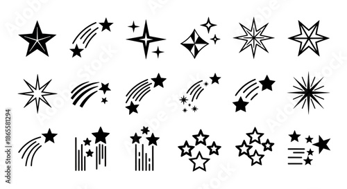 Collection of various black star icons and shooting star illustrations in different styles.