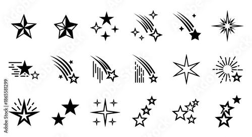 Set of various black star icons and shooting star symbols in different graphic styles.