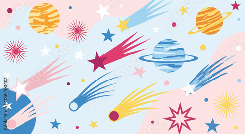 Colorful abstract illustration of planets, comets, and stars in a whimsical outer space scene.