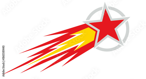 Red and yellow shooting star graphic with dynamic trail and circular accent.