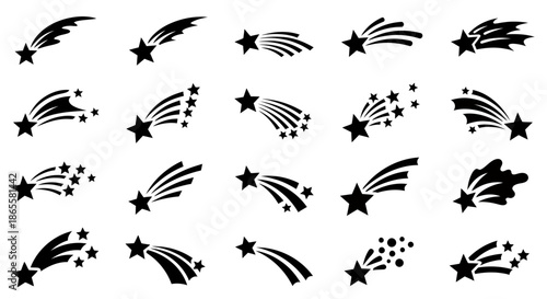 Set of black shooting star icons with various tail designs and decorative elements.