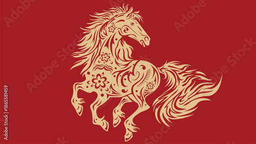 Golden horse with red background, Chinese auspicious symbol.
