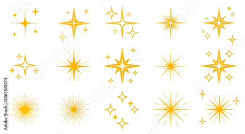Collection of various yellow starburst and sparkle shapes on a white background.