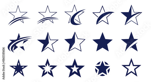 Set of various abstract and solid star icons in different styles and designs on a white background.