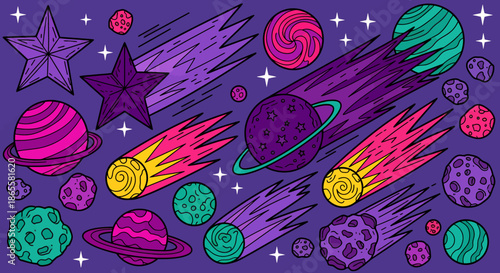 Colorful cartoon illustration of planets, stars, comets, and asteroids in outer space on a purple background.