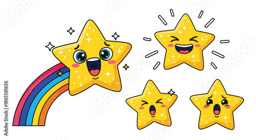 Cute cartoon stars with expressive faces and a colorful rainbow on a white background.