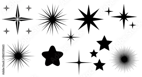 A collection of various black star and burst shapes on a white background.