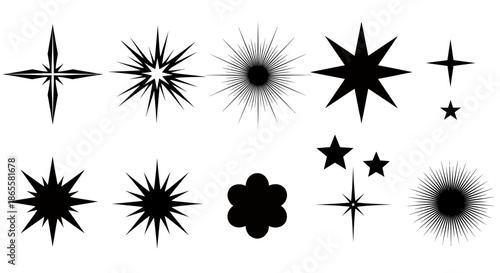 Collection of various black starburst and star shapes with different styles on a white background.