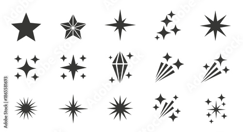 Set of various black star and sparkle icons in different geometric styles.