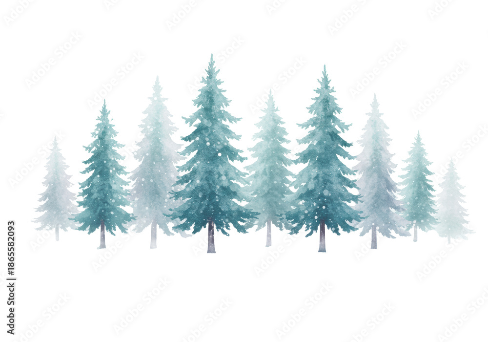 Obraz premium Row of stylized evergreen trees in icy teal, frosty white, and pale lavender watercolor with soft washes, misty base, and a transparent background with copy space, magical winter fantasy atmosphere