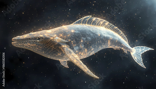 Majestic whale in starry night sky with glowing lines