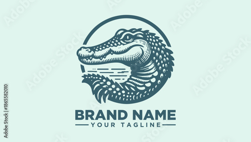A stylized illustration of a crocodile's head in a circular frame with the words 'BRAND NAME' and 'YOUR TAGLINE' on a light green background, featuring a vector logo design.