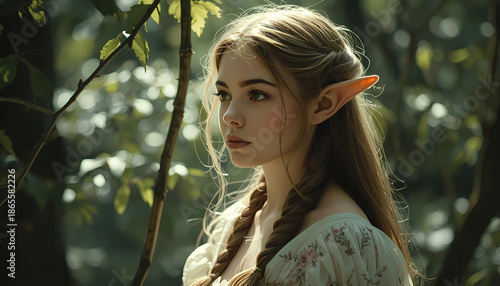 Elf woman with braided hair in forest landscape