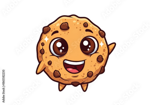 Happy chocolate chip cookie character with big eyes and smiling face isolated on transparent background