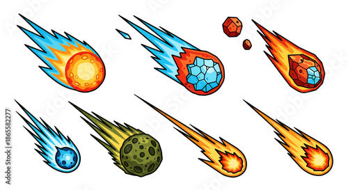 Set of colorful cartoon meteors and asteroids flying through space with fiery trails.