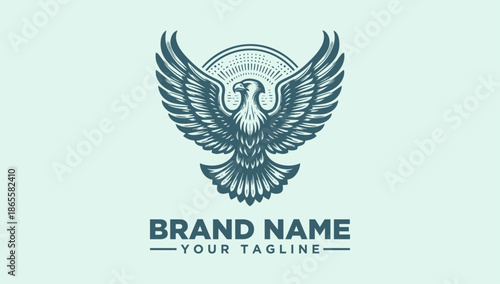 Teal vector illustration of an eagle logo with outstretched wings and brand name text on a light green background, with a modern design style and a professional mood.