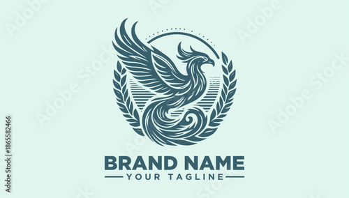 A stylized illustration of a phoenix surrounded by leaves within a circle, with a brand name and tagline on a light green background, showcasing a logo design.