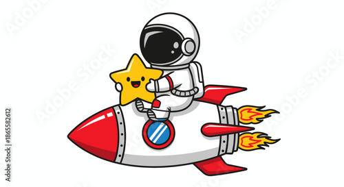 Cartoon astronaut riding a rocket in space holding a smiling star illustration.