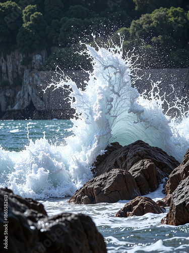 Wave crashing against rocks, water splash captured midair, crisp natural tone,Each splash of the wave is a rhythm of freedom.